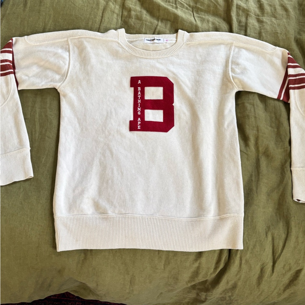 Bape Cream and Red Crewneck Sweater with Bold Letter Accent